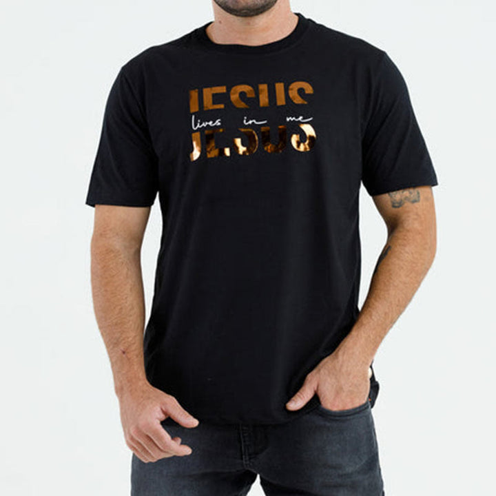 Christianartworkshop Glamorous Faith Jesus Lives in Me Gold Text Christian T-Shirt - image 5