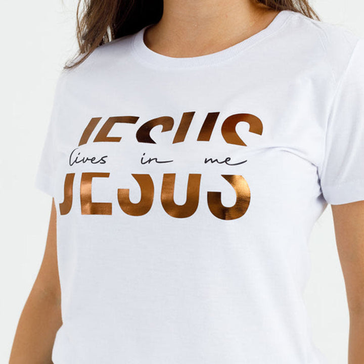 Christianartworkshop Glamorous Faith Jesus Lives in Me Gold Text Christian T-Shirt - image 9