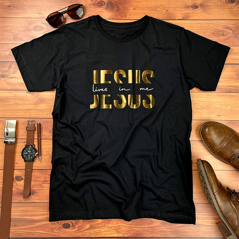 Christianartworkshop Glamorous Faith Jesus Lives in Me Gold Text Christian T-Shirt - Black - 2XL - image 0
