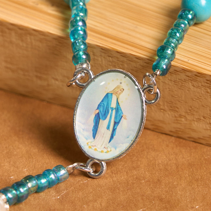 Christianartworkshop Our Lady Medal & Crucifix of 8mm Blue Turquoise Round Beads Rosary - image 3