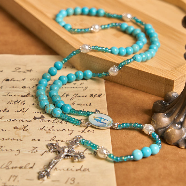 Christianartworkshop Our Lady Medal & Crucifix of 8mm Blue Turquoise Round Beads Rosary - image 1