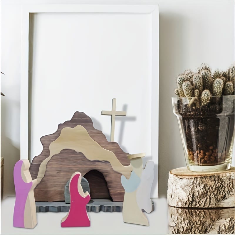 Christianartworkshop He is Risen Cross and Angels Wooden Easter Dekstop Decor Ornament