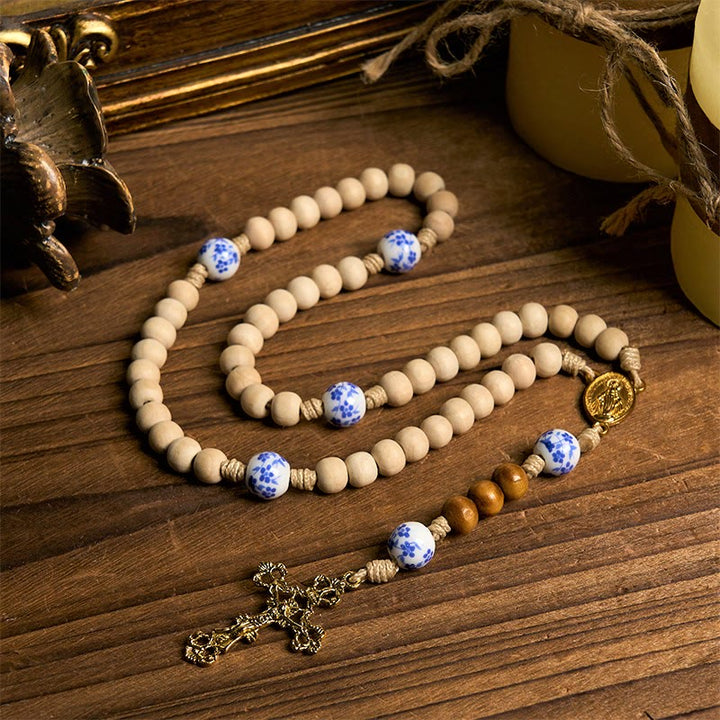 Christianartworkshop Handmade Wooden Ceramics Beads Miraculous Medal & Crucifix Rosary - Wood & Ceramics - image 0