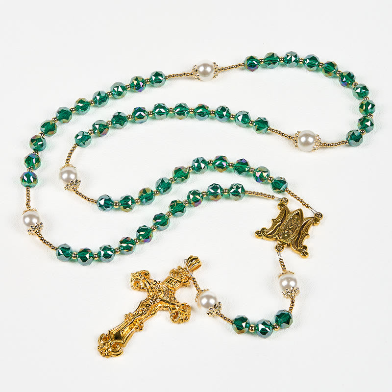 Christianartworkshop Handmade Emerald Green Crystal & Pearl Our Father Beads Divine Grace Rosary - Emerald Green - image 0