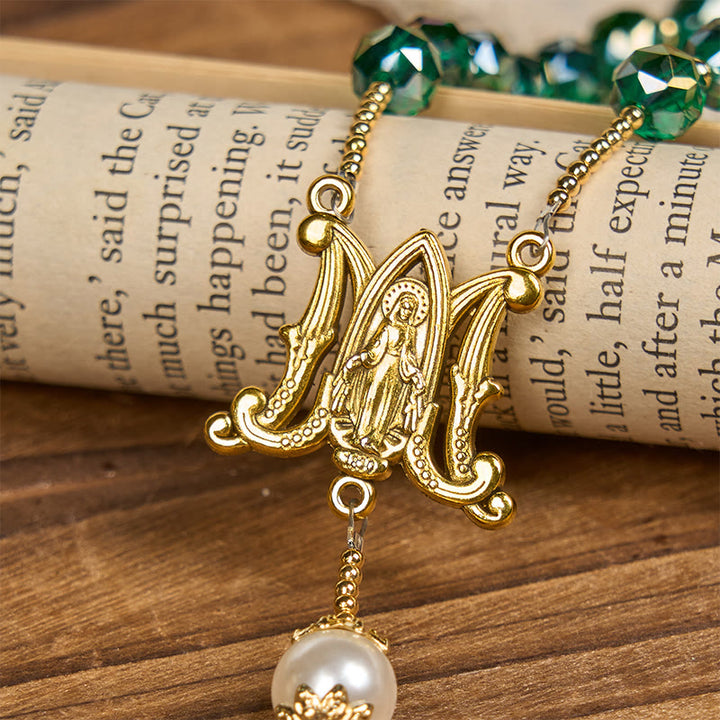 Christianartworkshop Handmade Emerald Green Crystal & Pearl Our Father Beads Divine Grace Rosary - image 8