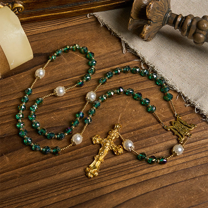 Christianartworkshop Handmade Emerald Green Crystal & Pearl Our Father Beads Divine Grace Rosary - image 10