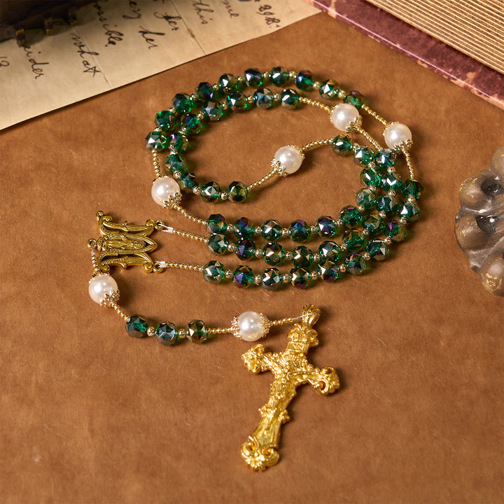 Christianartworkshop Handmade Emerald Green Crystal & Pearl Our Father Beads Divine Grace Rosary - image 2