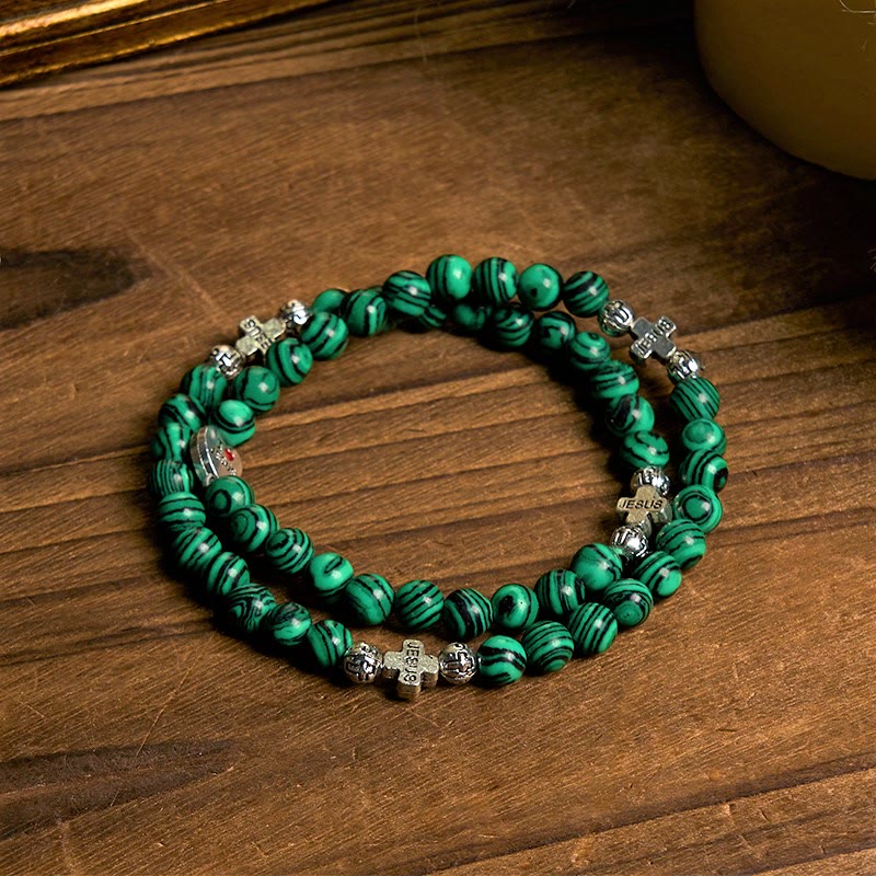 Christianartworkshop Green Malachite Beads Cross I Love Jesus Faith Rosary Bracelet - image 5