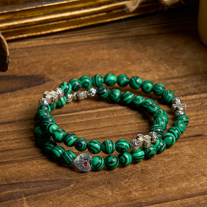 Christianartworkshop Green Malachite Beads Cross I Love Jesus Faith Rosary Bracelet - Malachite - image 0