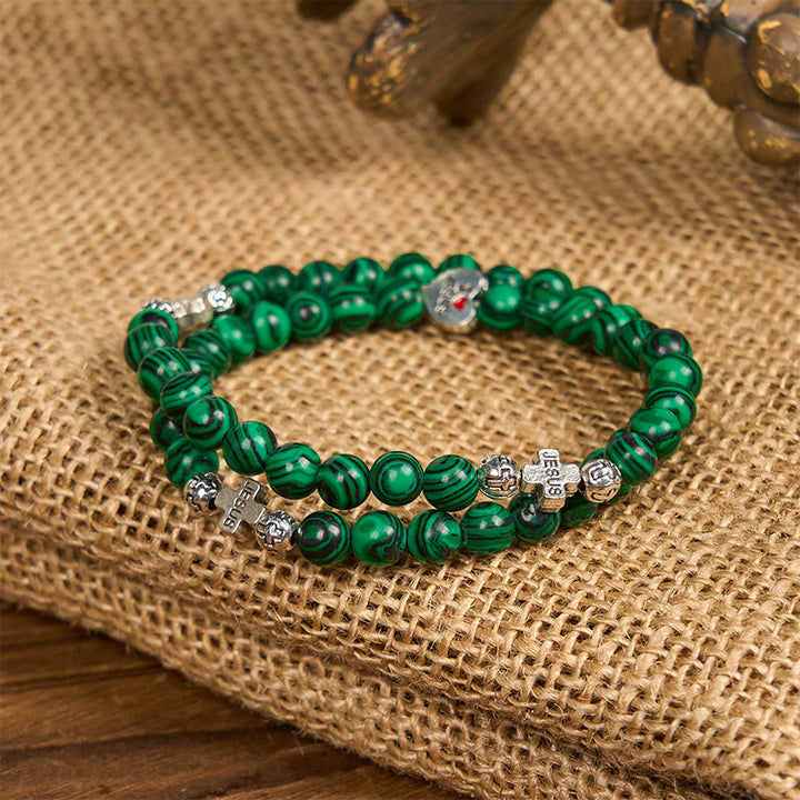 Christianartworkshop Green Malachite Beads Cross I Love Jesus Faith Rosary Bracelet - image 4