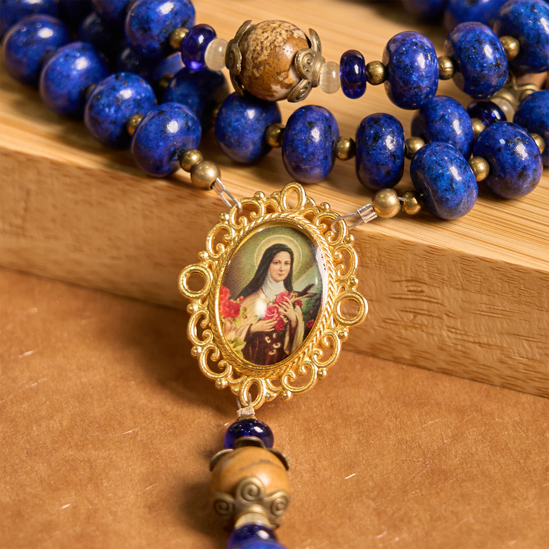 Christianartworkshop Handmade St. Therese of Lisieux Medal & Crucifix 8*10mm Oblate Lapis Lazuli & Map Stone Rosary - image 4