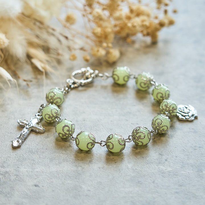 Christianartworkshop Green Beads Crucifix Rose Luminous Bracelet: Dreamy Light of Faith