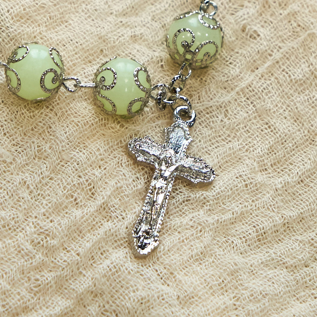 Christianartworkshop Green Beads Crucifix Rose Luminous Bracelet: Dreamy Light of Faith