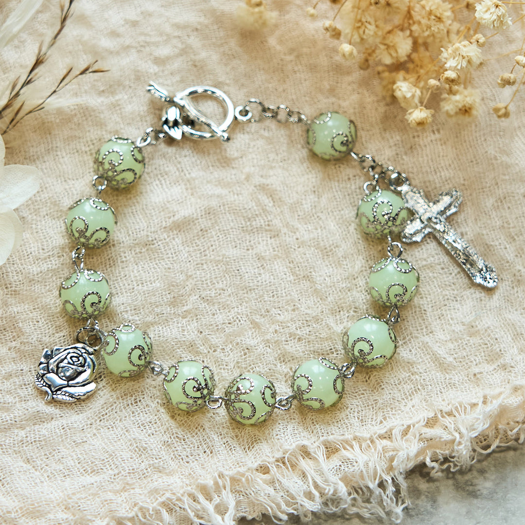 Christianartworkshop Green Beads Crucifix Rose Luminous Bracelet: Dreamy Light of Faith