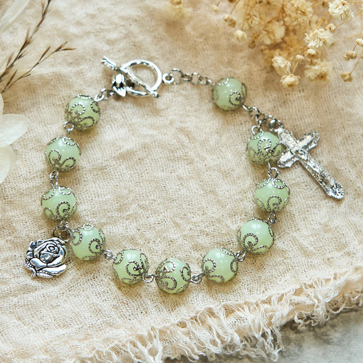 Christianartworkshop Green Beads Crucifix Rose Luminous Bracelet: Dreamy Light of Faith
