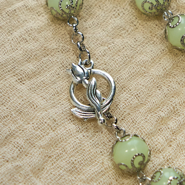 Christianartworkshop Green Beads Crucifix Rose Luminous Bracelet: Dreamy Light of Faith