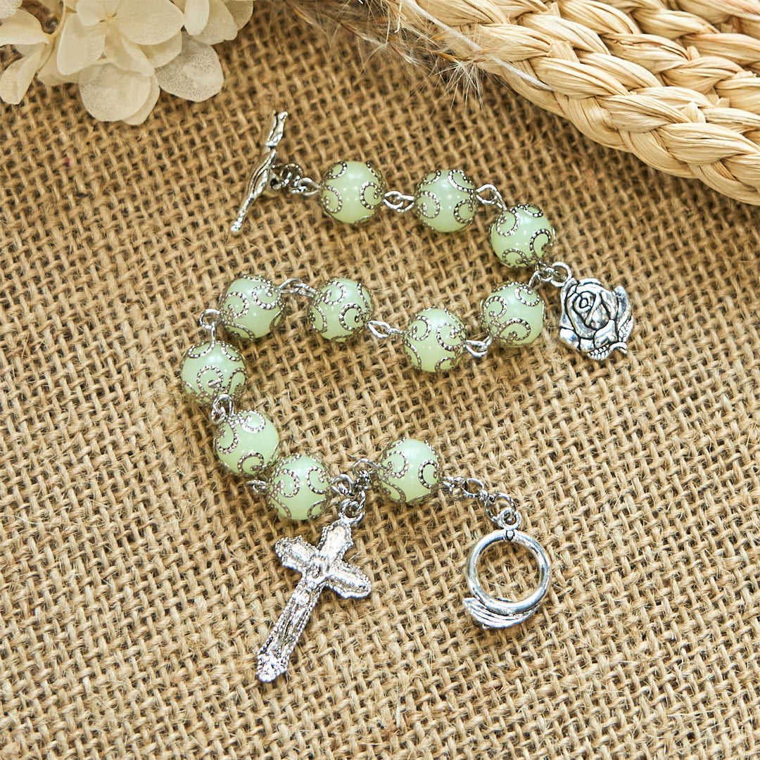 Christianartworkshop Green Beads Crucifix Rose Luminous Bracelet: Dreamy Light of Faith