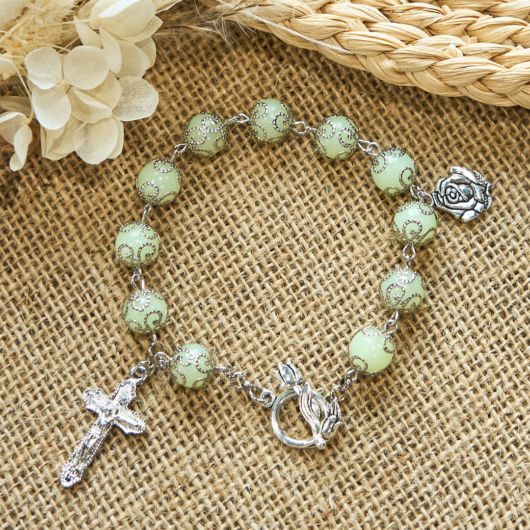 Christianartworkshop Green Beads Crucifix Rose Luminous Bracelet: Dreamy Light of Faith
