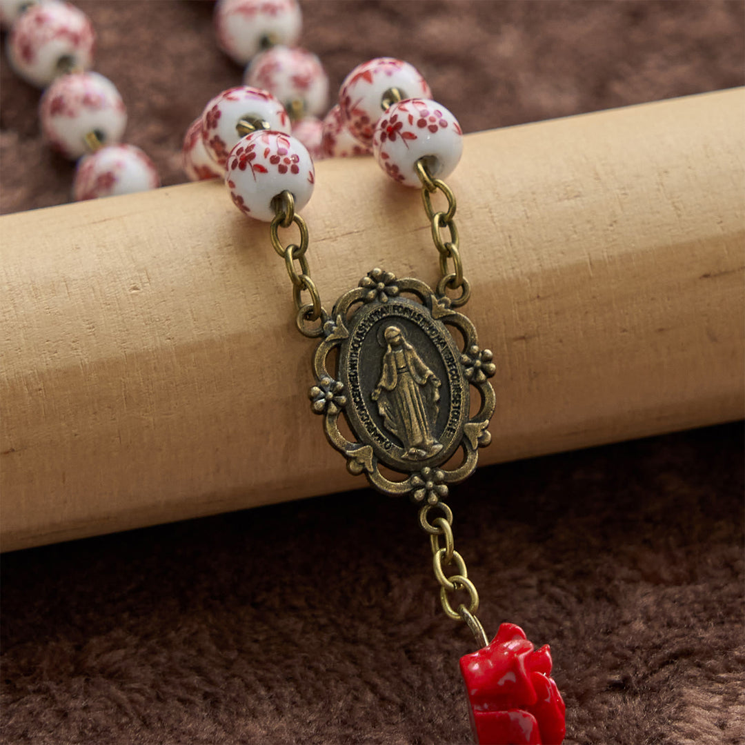 Christianartworkshop Miraculous Medal & Crucifix of 8mm Ceramic Beads & Rose Cinnabar Beads Handmade Rosary