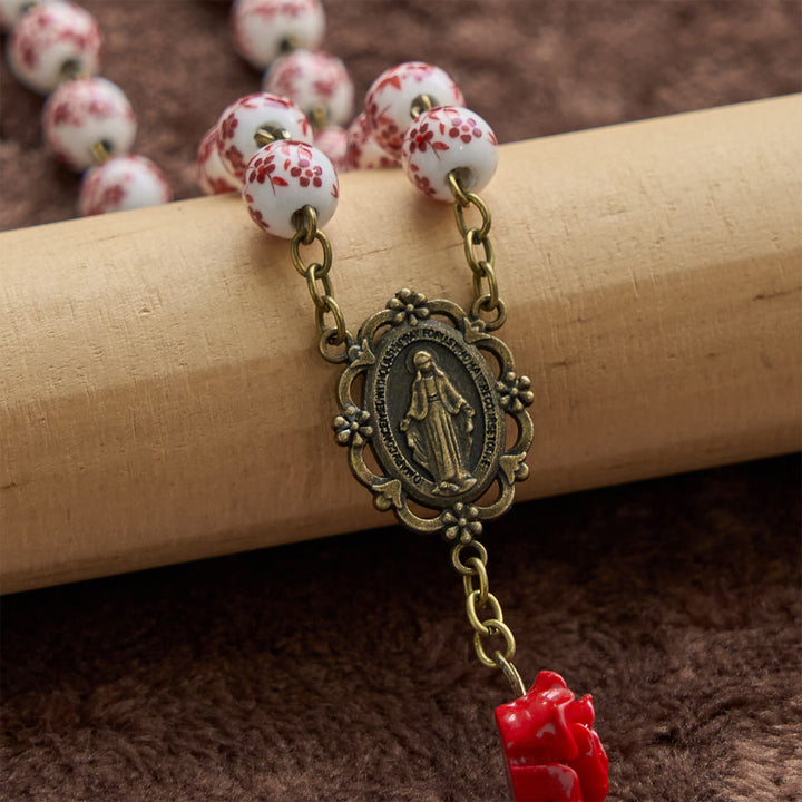 Christianartworkshop Miraculous Medal & Crucifix of 8mm Ceramic Beads & Rose Cinnabar Beads Handmade Rosary