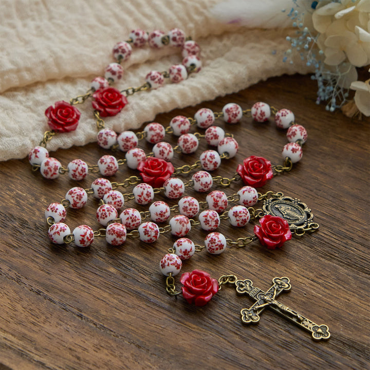Christianartworkshop Miraculous Medal & Crucifix of 8mm Ceramic Beads & Rose Cinnabar Beads Handmade Rosary