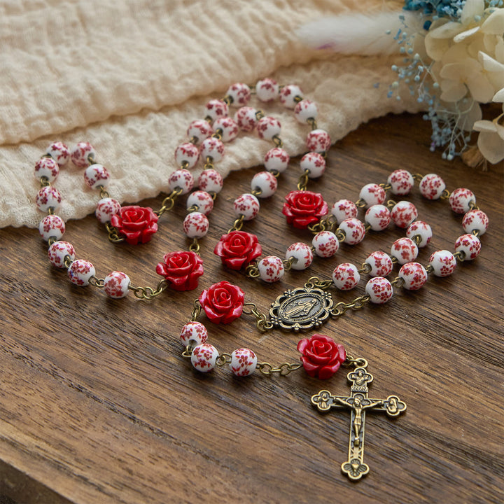 Christianartworkshop Miraculous Medal & Crucifix of 8mm Ceramic Beads & Rose Cinnabar Beads Handmade Rosary