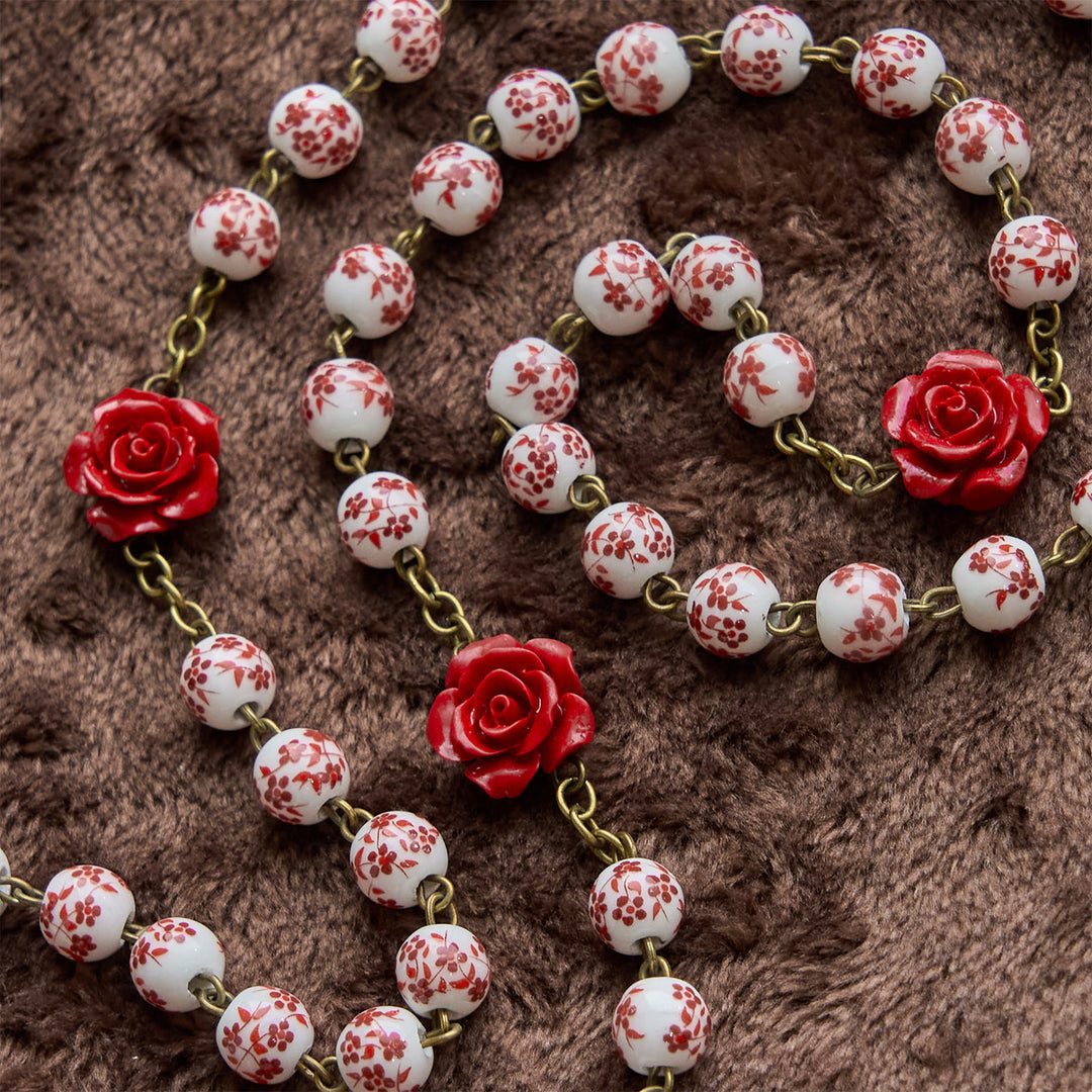 Christianartworkshop Miraculous Medal & Crucifix of 8mm Ceramic Beads & Rose Cinnabar Beads Handmade Rosary - image 5