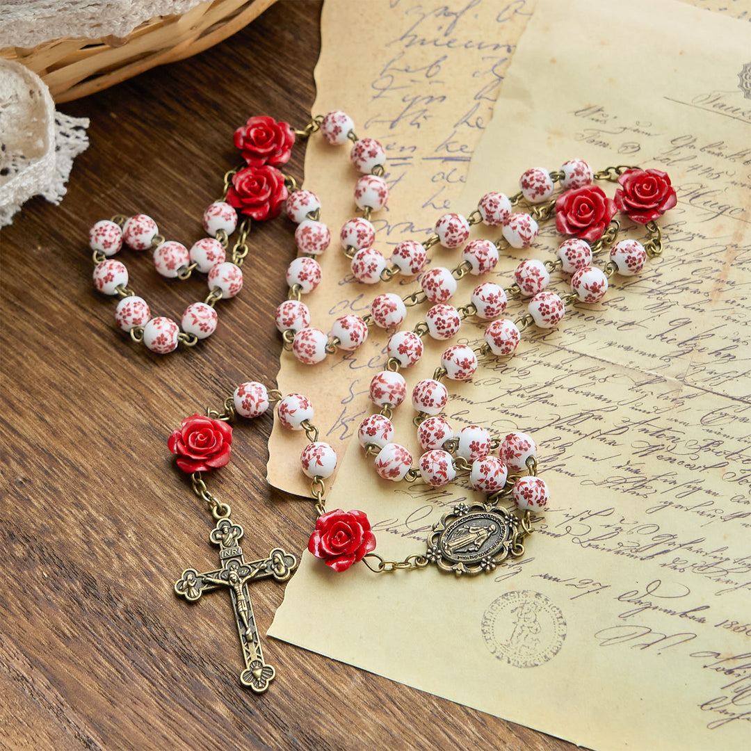 Christianartworkshop Miraculous Medal & Crucifix of 8mm Ceramic Beads & Rose Cinnabar Beads Handmade Rosary - image 4