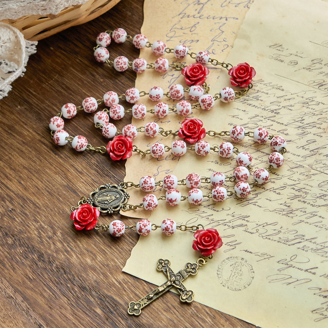 Christianartworkshop Miraculous Medal & Crucifix of 8mm Ceramic Beads & Rose Cinnabar Beads Handmade Rosary - image 3