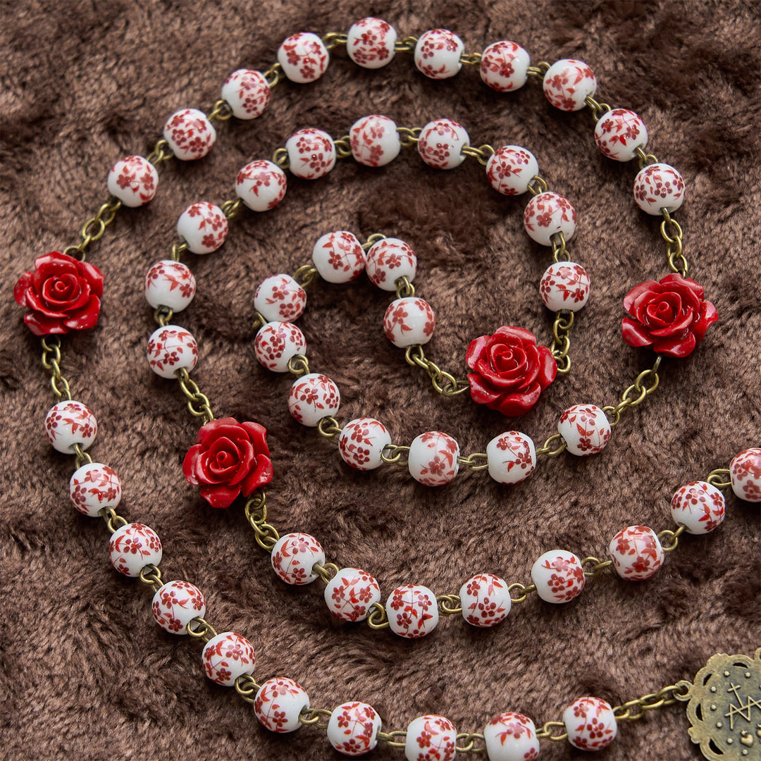 Christianartworkshop Miraculous Medal & Crucifix of 8mm Ceramic Beads & Rose Cinnabar Beads Handmade Rosary - image 2