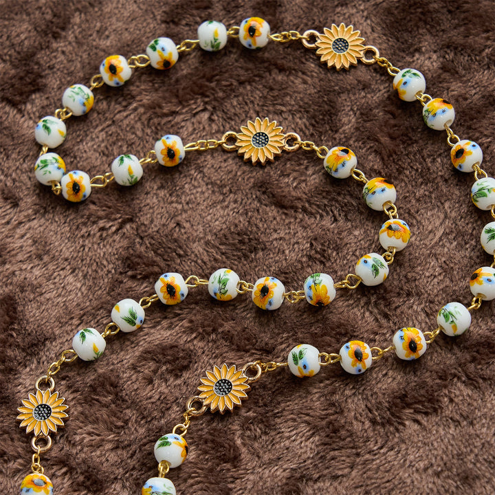 Christianartworkshop Handmade Sunflower-Inspired Rosary: A Divine Creation with Yellow Floral Beads - image 4
