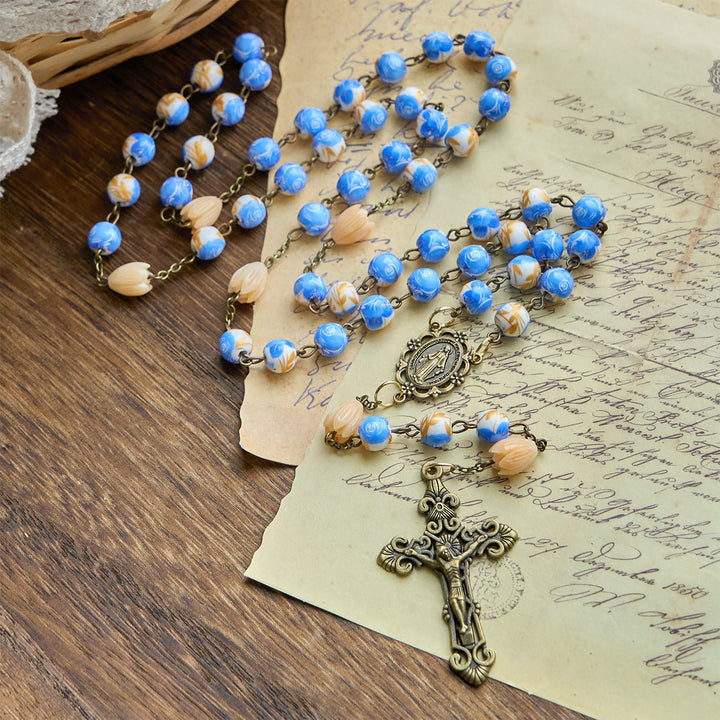 Christianartworkshop Handmade Floral Rosary with Blue Rose Beads & Lily of Valley: A Peaceful Companion - Blue Rose - image 0
