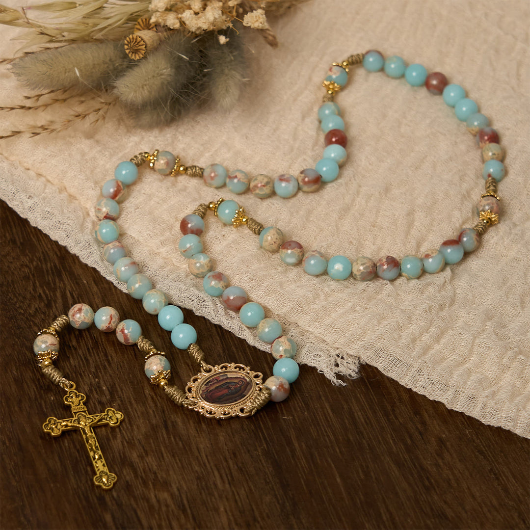 Christianartworkshop PRAYERFUL FAITH: Handmade Aqua Stone Prayer Rosary with Gift Card - image 9