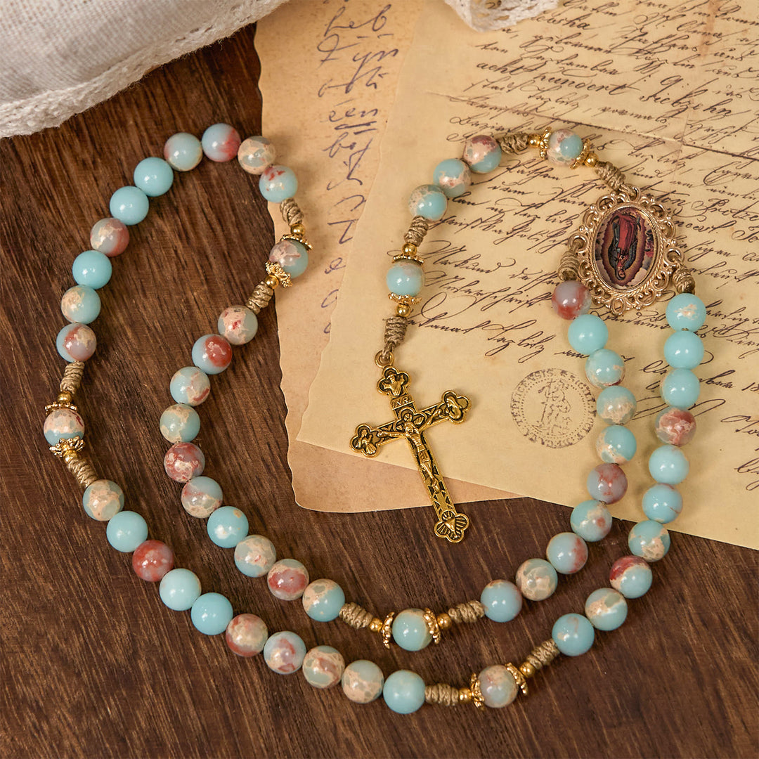 Christianartworkshop Aqua Stone Prayer Rosary with Gold Accents: A Divine Source of Peace and Devotion - Aqua Stone Prayer Rosary - image 0