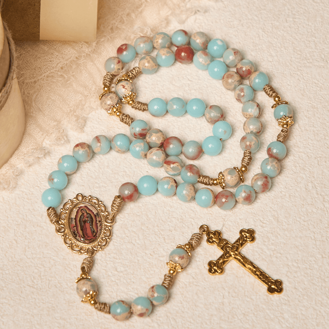 Christianartworkshop PRAYERFUL FAITH: Handmade Aqua Stone Prayer Rosary with Gift Card - image 5