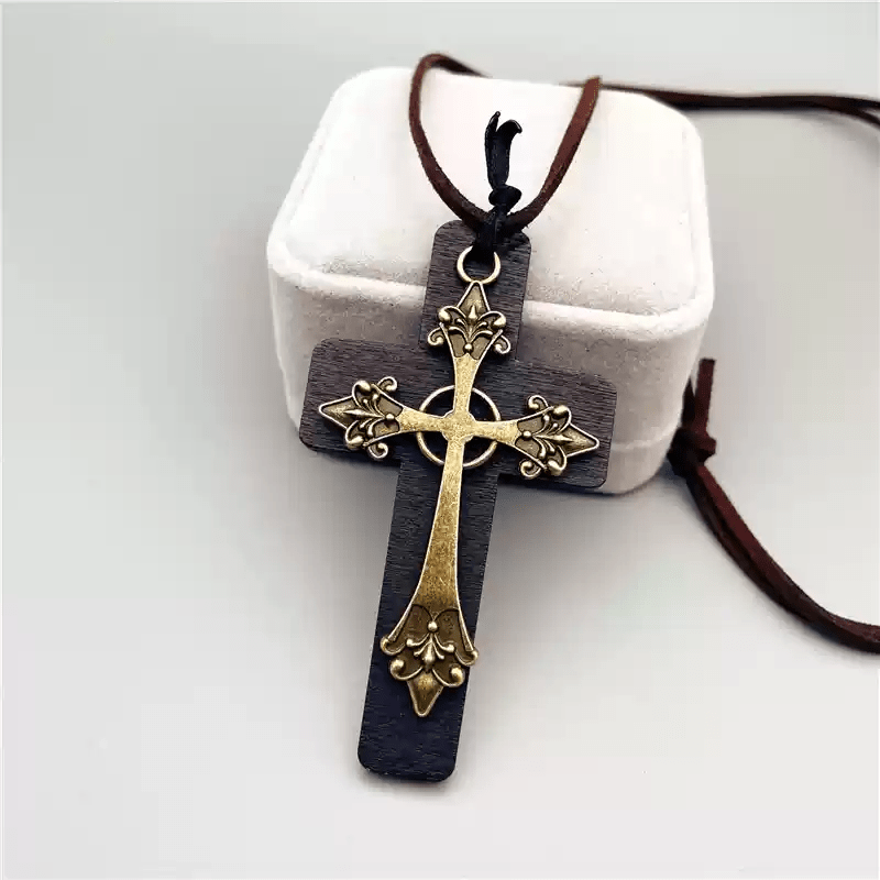 Christianartworkshop Vintage Double Wood Metal Cross Necklace - 黑色 - image 0