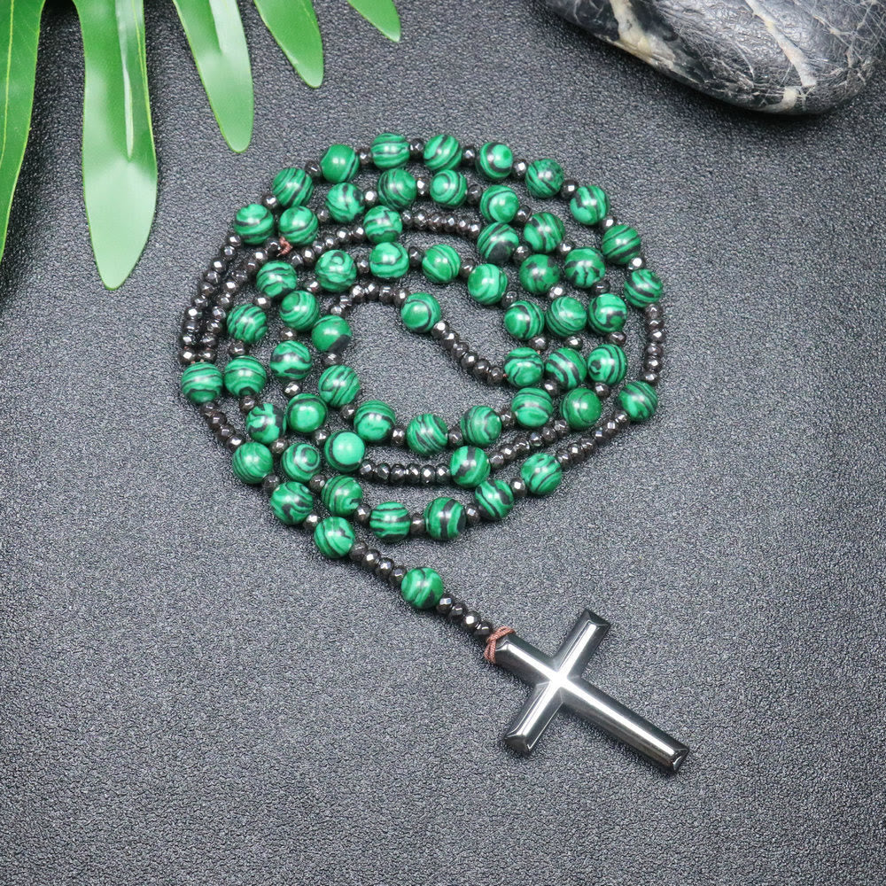 Christianartworkshop 8mm Malachite Beads Iron Gallstone Cross Rosary - Malachite beads - image 0