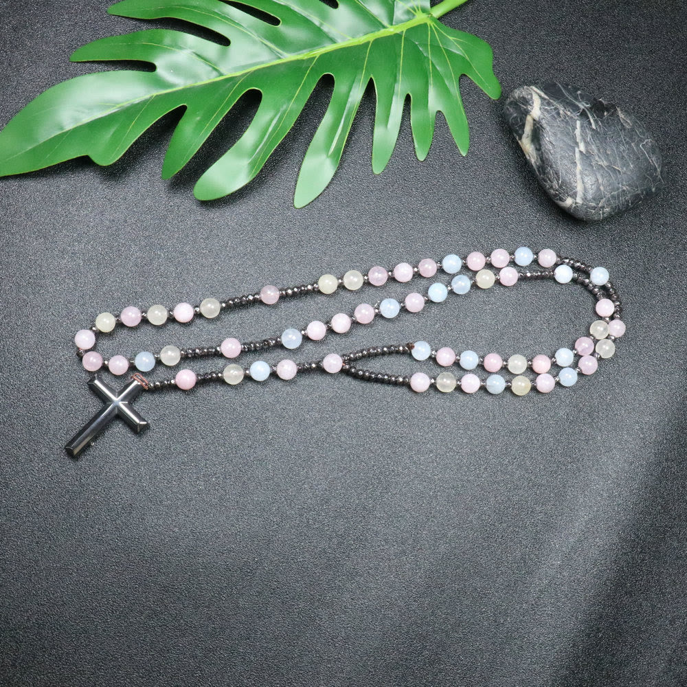 Christianartworkshop 8mm Morganite Beads Iron Gallstone Cross Rosary - image 1