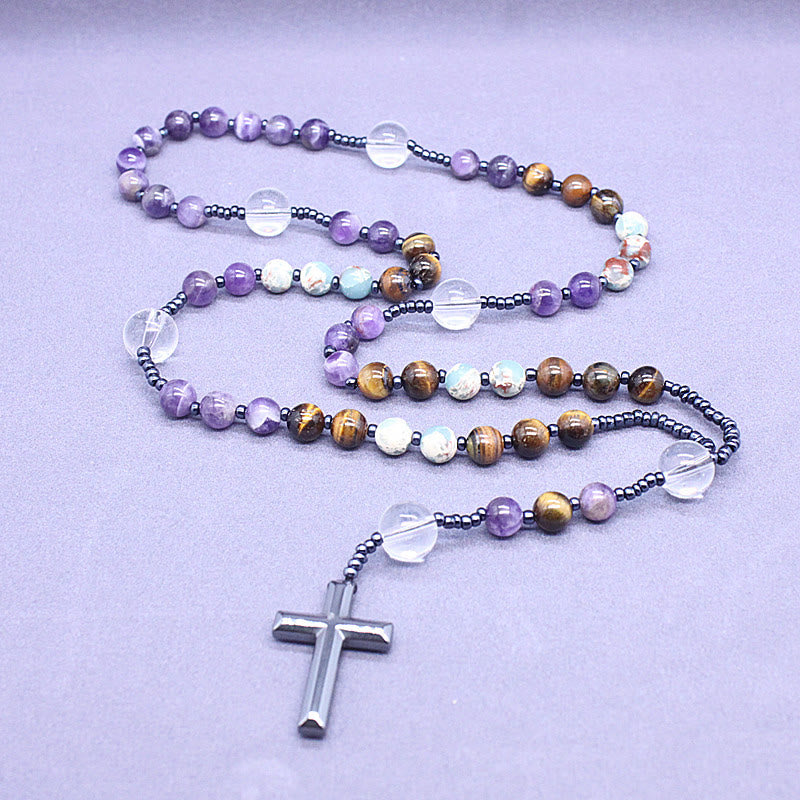 Christianartworkshop 8mm Natural Amethyst Tiger Eye Stone Agate Cross Rosary - 8mm - image 0