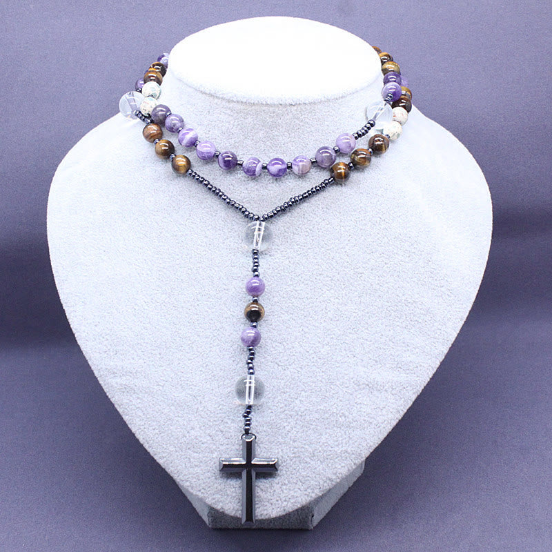 Christianartworkshop 8mm Natural Amethyst Tiger Eye Stone Agate Cross Rosary - image 2