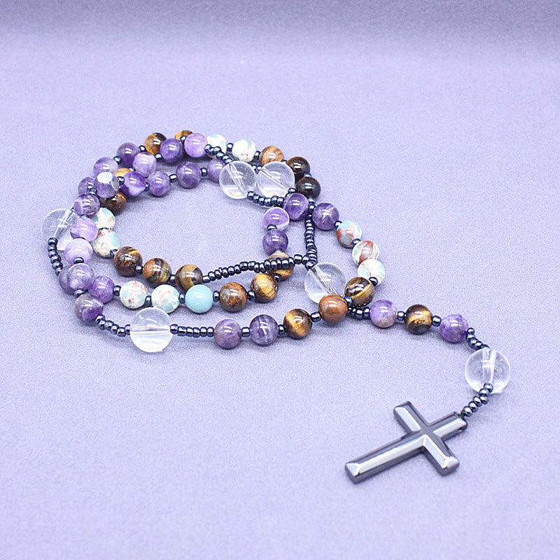 Christianartworkshop 8mm Natural Amethyst Tiger Eye Stone Agate Cross Rosary - image 1