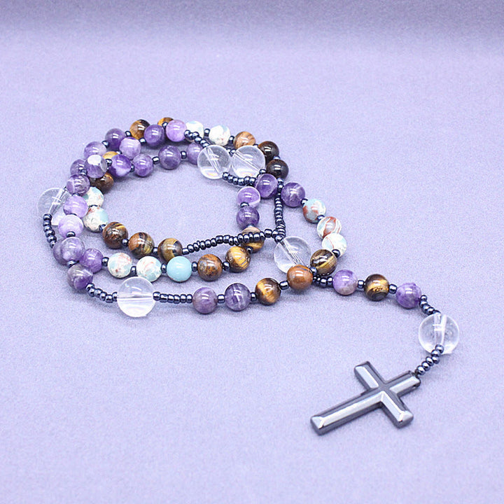 Christianartworkshop 8mm Natural Amethyst Tiger Eye Stone Agate Cross Rosary - image 1
