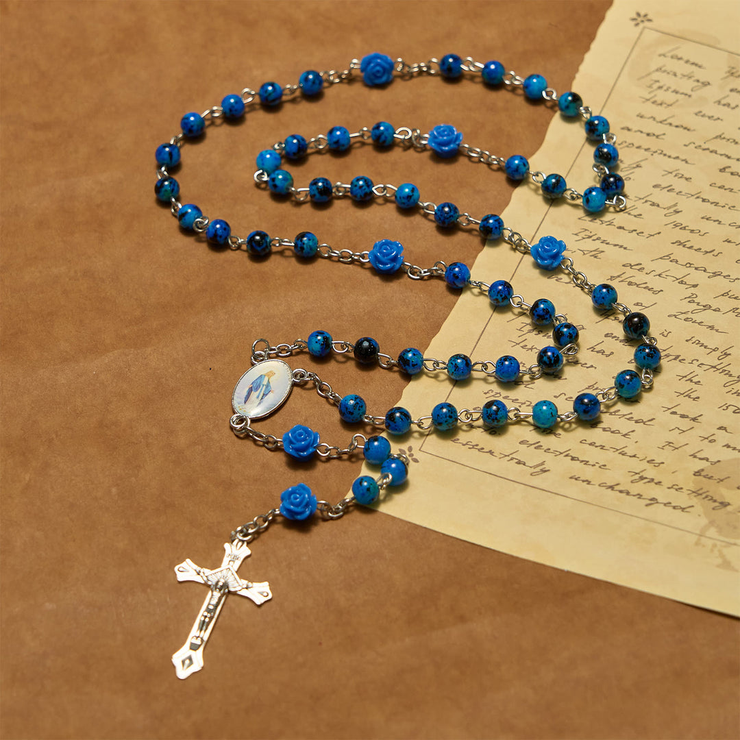Christianartworkshop Royal Blue Stone Beads Rose of Miraculous Medal & Crucifix Prayer Rosary - image 2