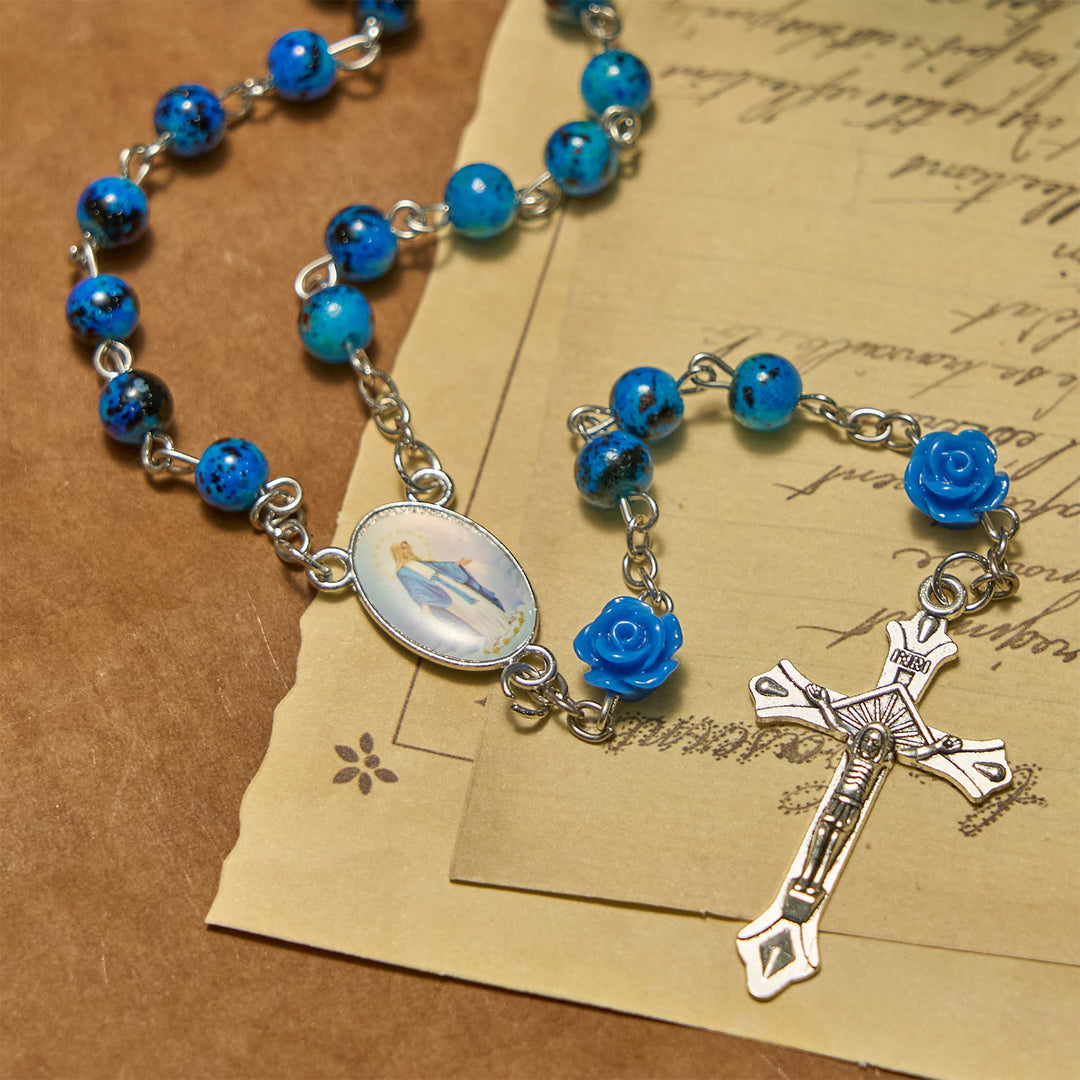 Christianartworkshop Royal Blue Stone Beads Rose of Miraculous Medal & Crucifix Prayer Rosary - image 1