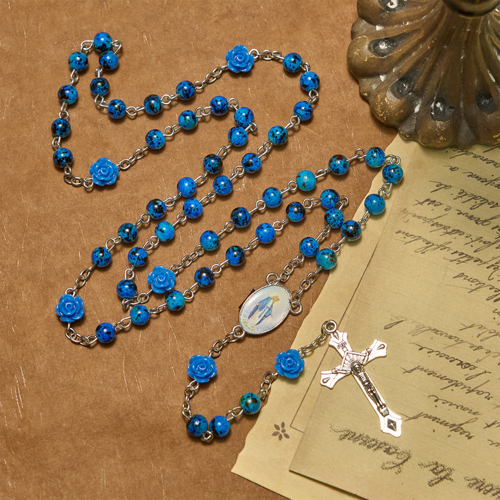 Christianartworkshop Royal Blue Stone Beads Rose of Miraculous Medal & Crucifix Prayer Rosary