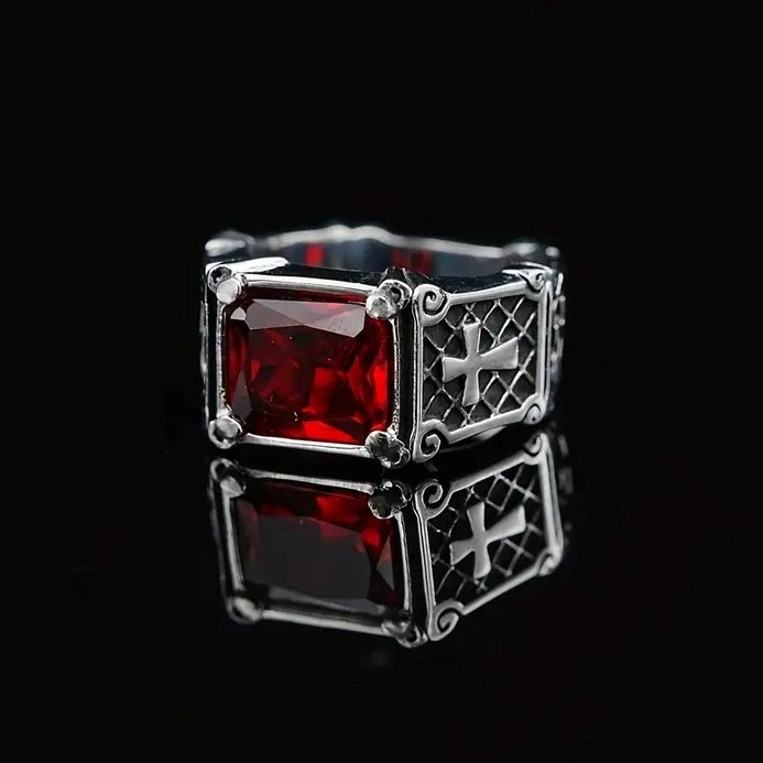 Christianartworkshop Red & Black Gemstone Cross - Embellished Couple Ring: A Symbol of Faith and Style - image 2