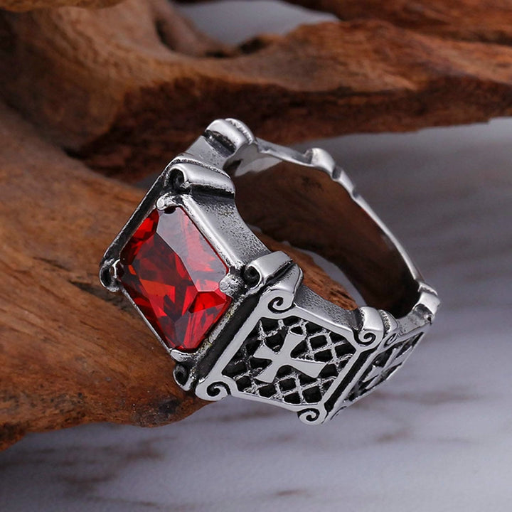 Christianartworkshop Red & Black Gemstone Cross - Embellished Couple Ring: A Symbol of Faith and Style - Red - AU Size Z+1（US 14） - image 0