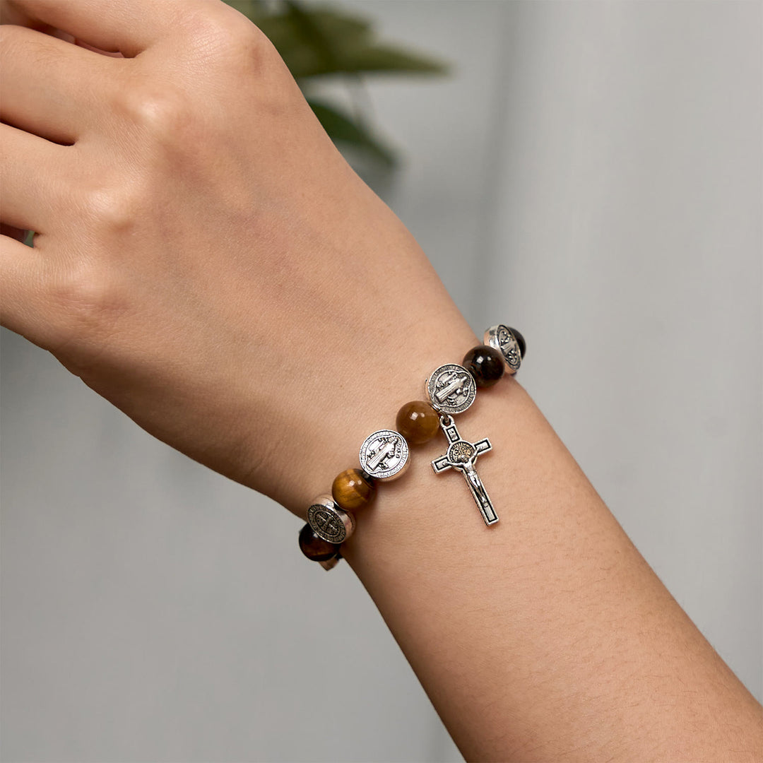 Christianartworkshop St. Benedict Symbol Tiger's Eye Bracelet: A Blend of Faith and Beauty - image 2