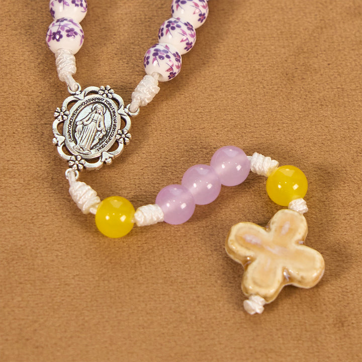 Christianartworkshop Miraculous Medal & Cross of 8mm Flower Ceramic Beads Handmade Rosary for Holy Prayer