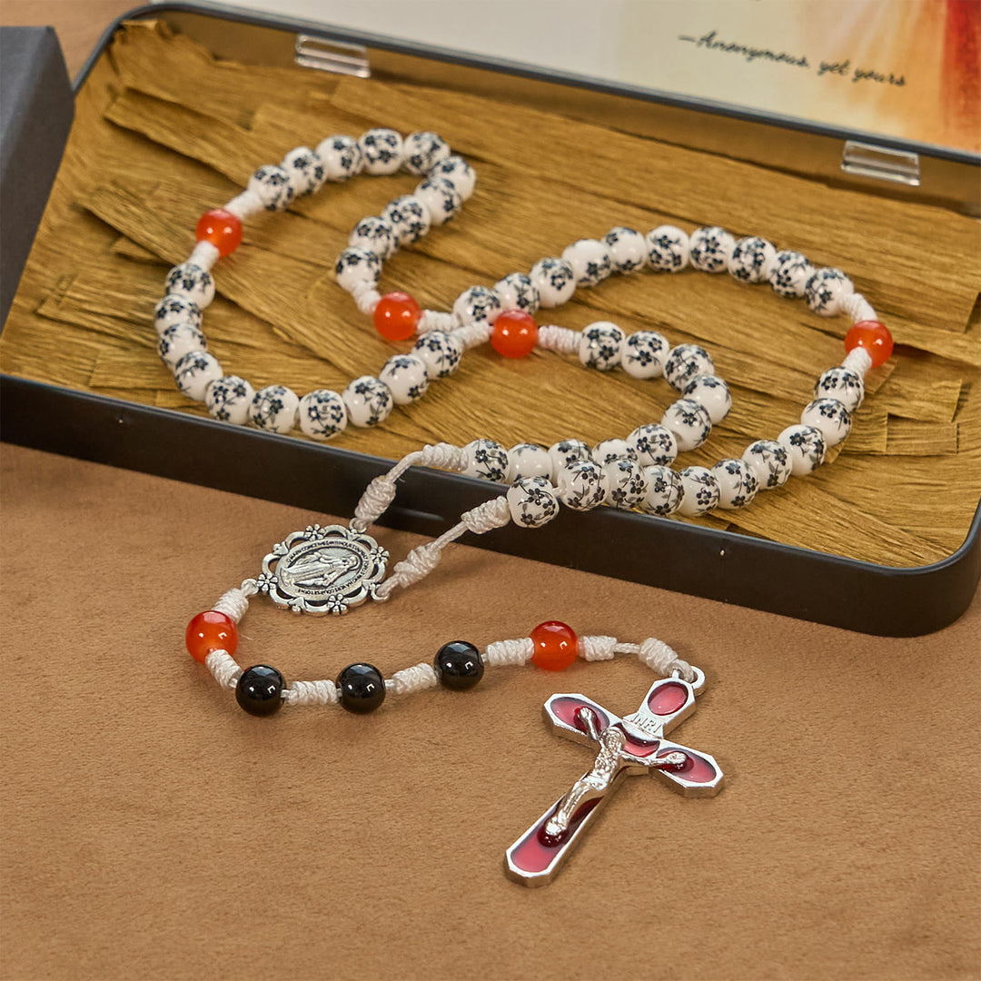 Christianartworkshop Miraculous Medal & Crucifix of 8mm Flower Ceramic Beads Handmade Rosary——Divine Protection Rosary
